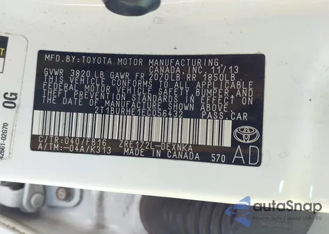 2014 Toyota Corolla Le из США, поврежденный, VIN 2T1BURHE1EC056432